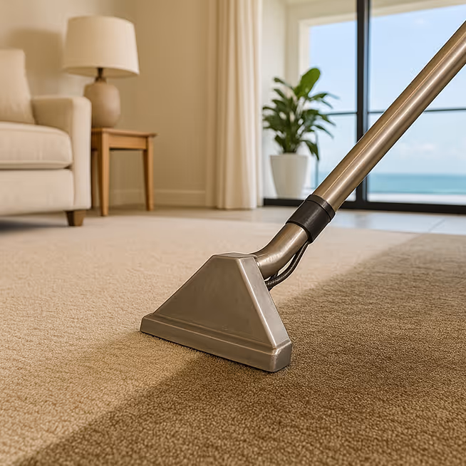 A cleaning a carpet using vacuum
